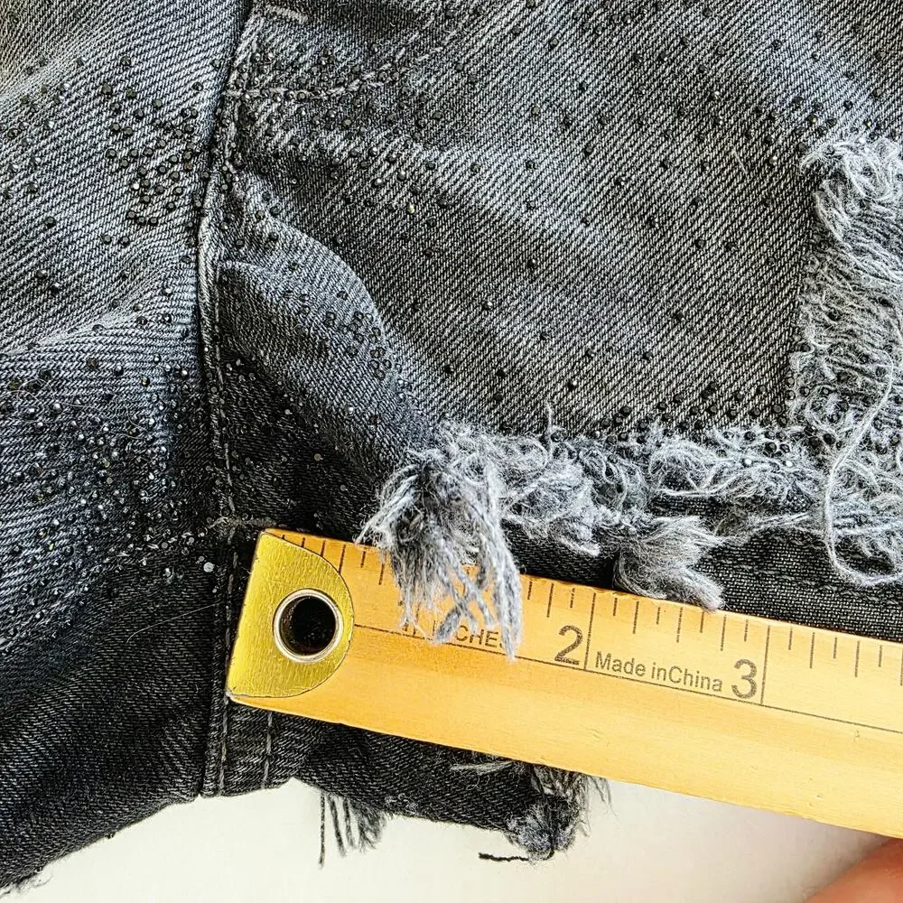 Pilcro Anthropologie Devon Denim Shorts 25 Black Rhinestone Distressed Frayed